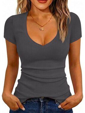 〽️Women Gray Cap Short Sleeve V-Neck Ribbed Casual Summer Slim Fit T-Shirt